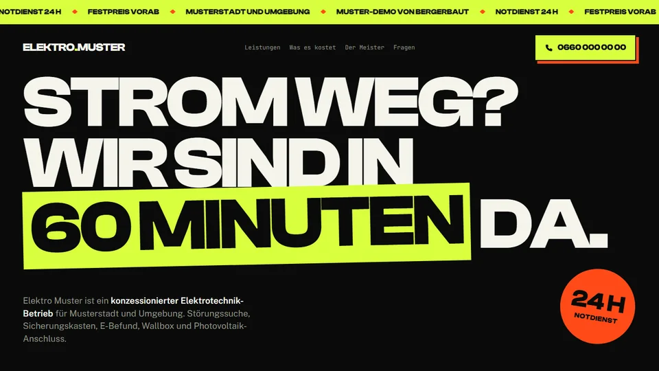 Startseite von Elektro Muster: schwarze Seite, riesige Überschrift „Strom weg? Wir sind in 60 Minuten da.“, die Worte „60 Minuten“ auf einem neongelben Balken