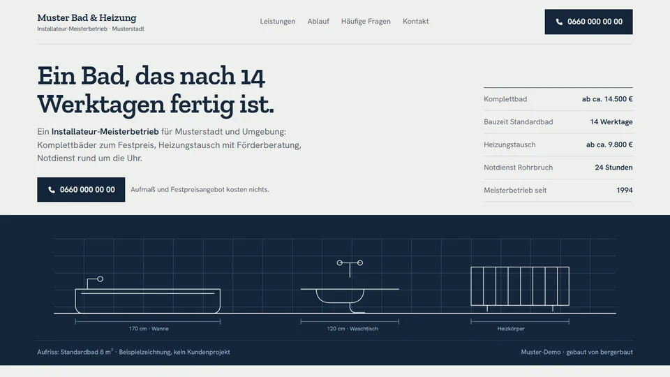 Startseite von Muster Bad & Heizung: heller Hintergrund, Überschrift „Ein Bad, das nach 14 Werktagen fertig ist.“, rechts eine Preistabelle, darunter ein dunkelblauer Bad-Aufriss als Strichzeichnung