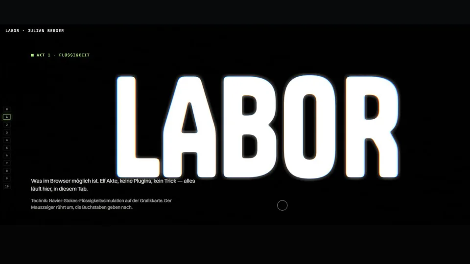 Startseite von LABOR: riesiger weißer Schriftzug „LABOR“ auf Schwarz, von einer Flüssigkeits-Simulation verformt