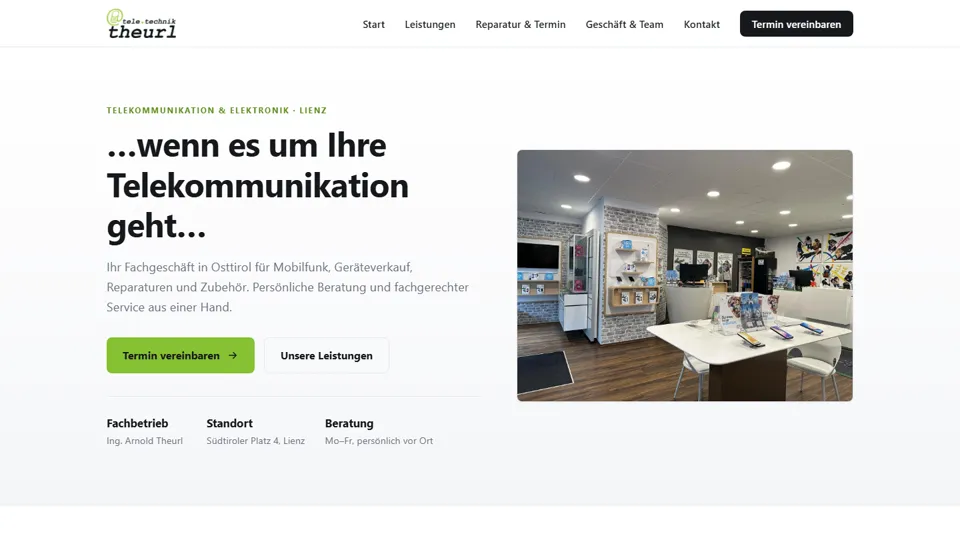 Startseite von TeleTechnik Theurl: Überschrift zur Telekommunikation, Foto des Verkaufsraums in Lienz